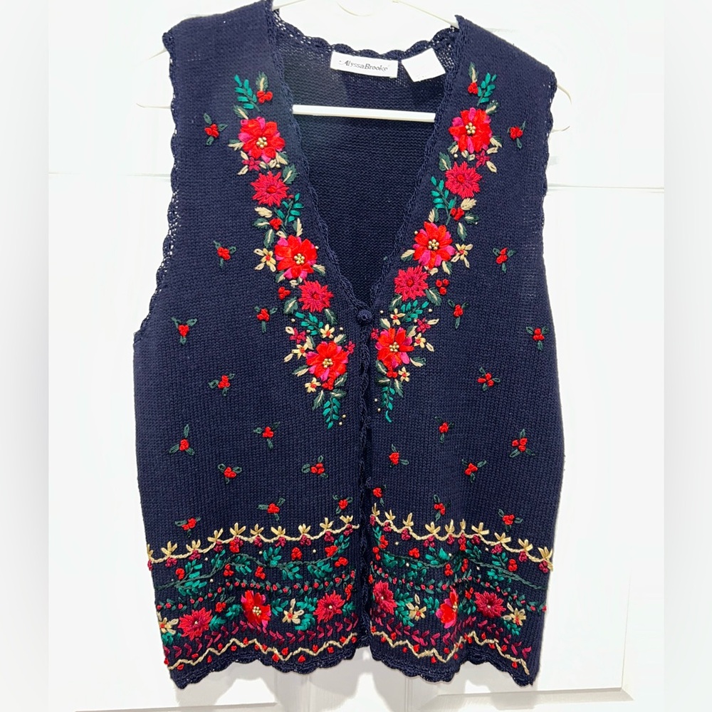 Alyssa Brooke‎ Women’s Christmas Sweater Vest Poinsettias Size Large